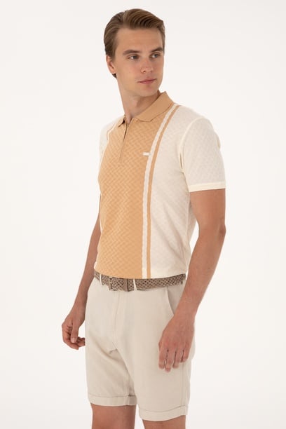 Erkek Regular Fit Ekru Polo Yaka Fermuarlı Tişört
