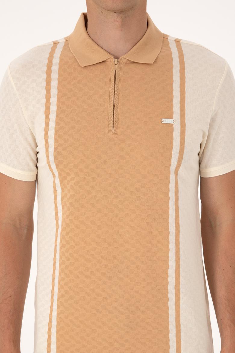 Erkek Regular Fit Ekru Polo Yaka Fermuarlı Tişört - 50300814017