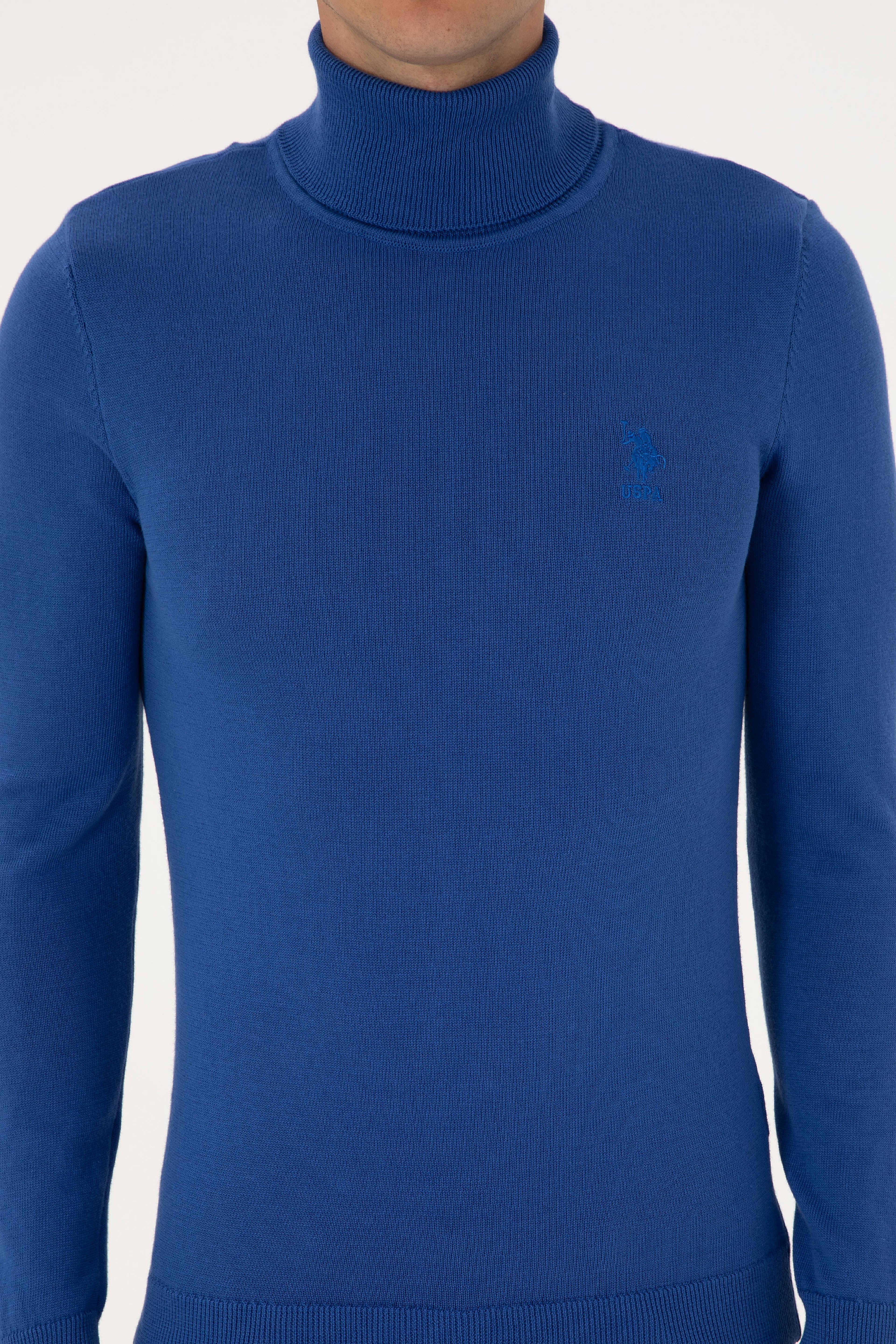 Erkek Slim Fit Boğazlı Yaka Saks Basic Kazak - Image 6