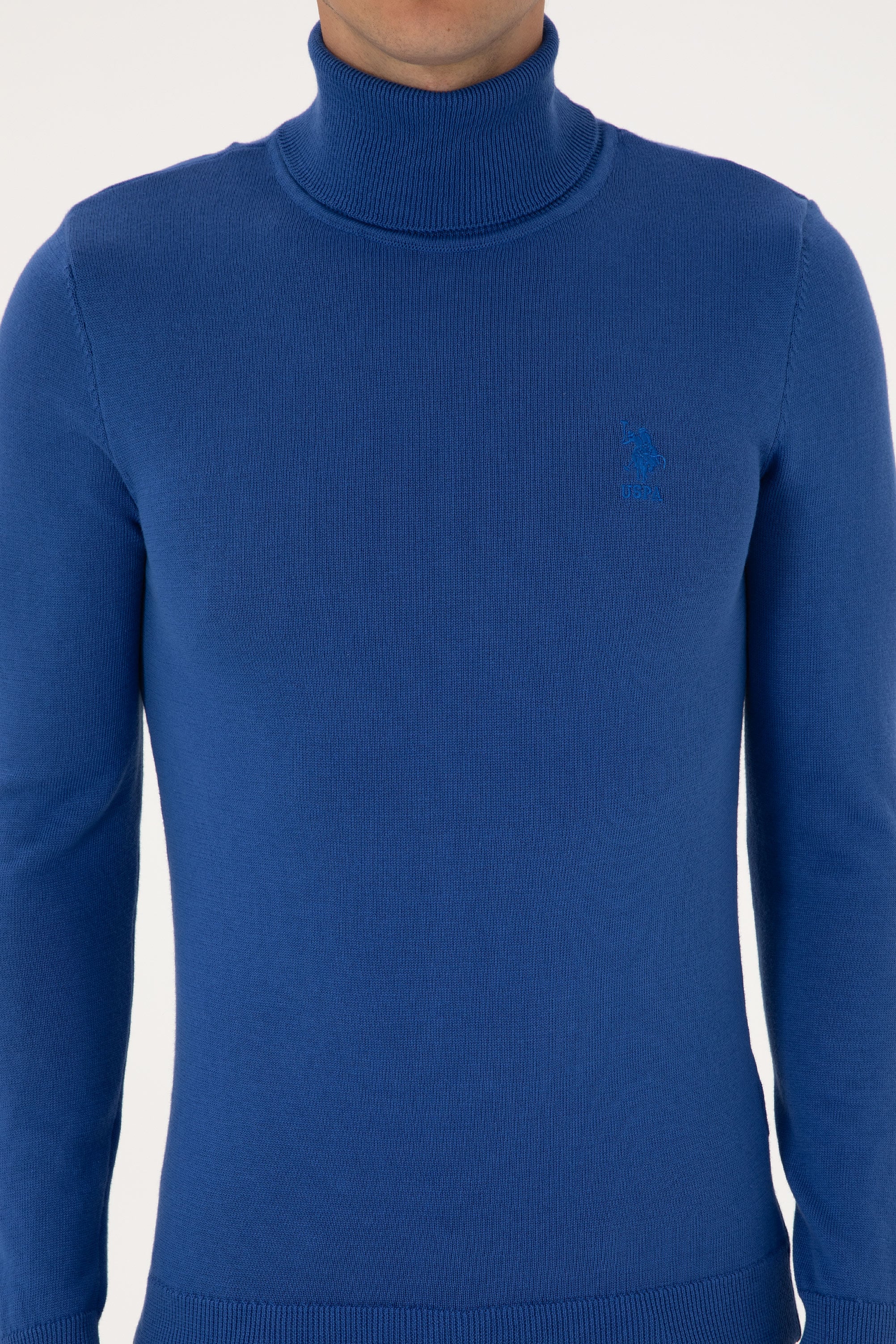 Erkek Slim Fit Boğazlı Yaka Saks Basic Kazak