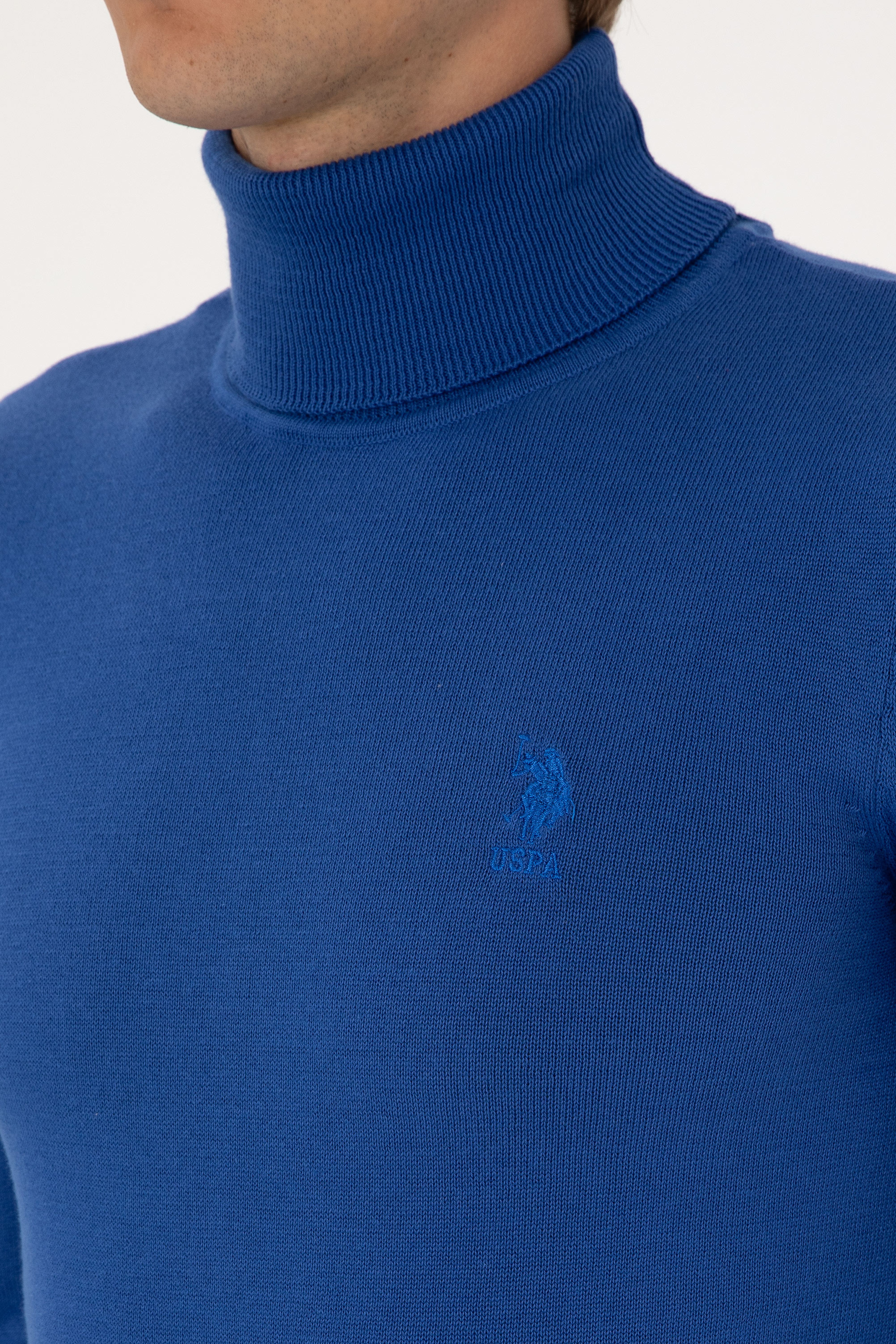 Erkek Slim Fit Boğazlı Yaka Saks Basic Kazak