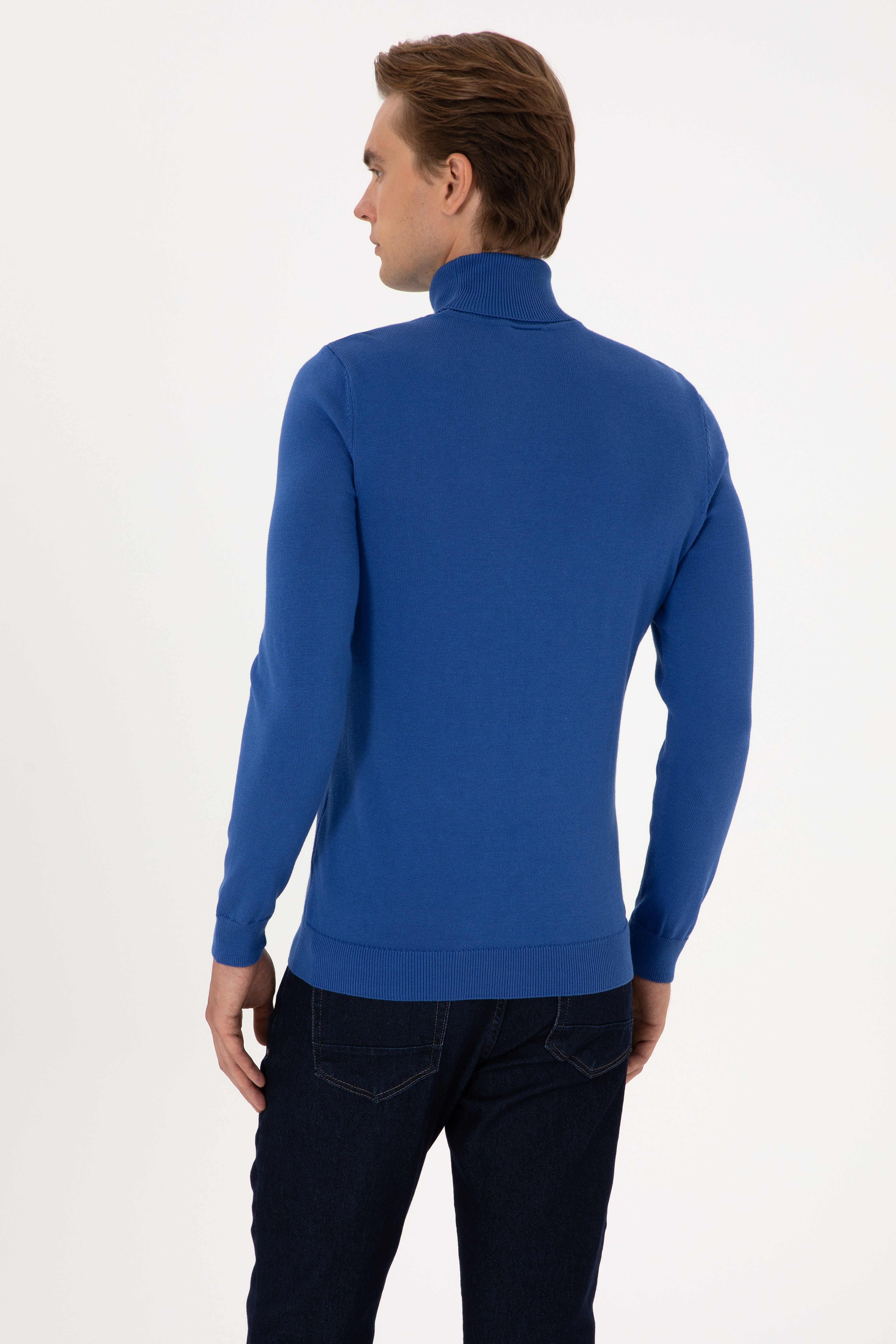 Erkek Slim Fit Boğazlı Yaka Saks Basic Kazak