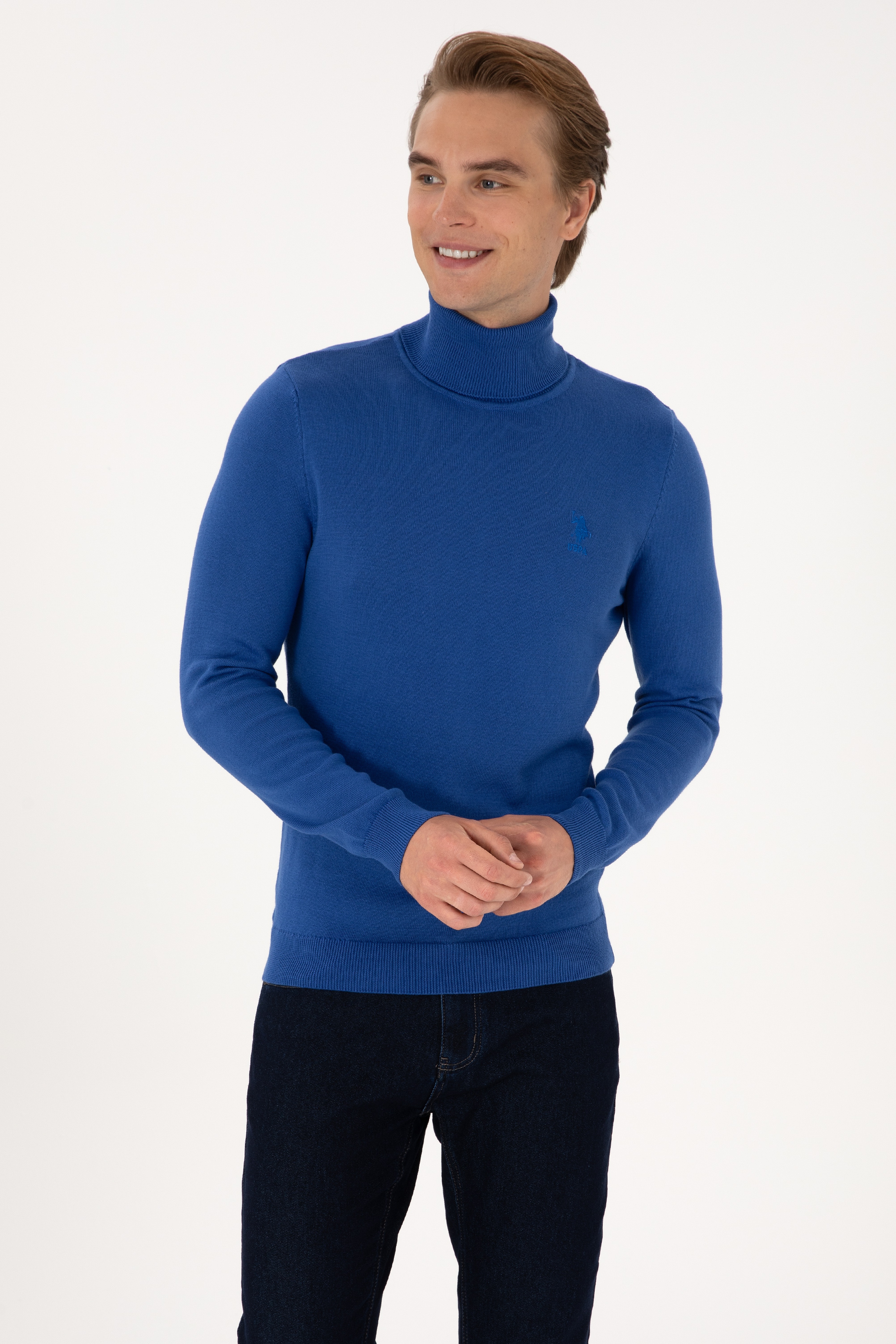 Erkek Slim Fit Boğazlı Yaka Saks Basic Kazak
