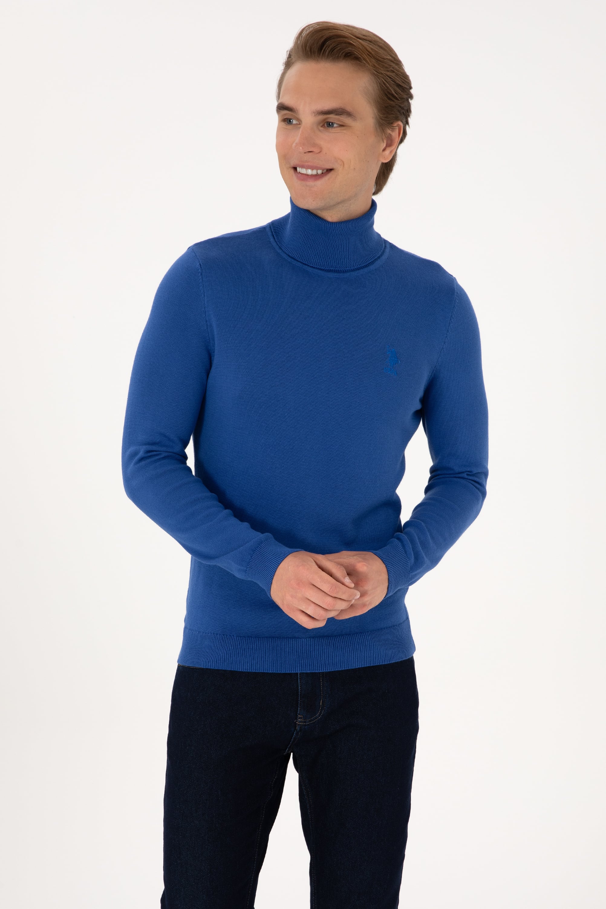 Erkek Slim Fit Boğazlı Yaka Saks Basic Kazak