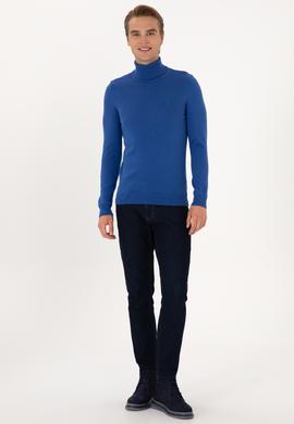 Erkek Slim Fit Boğazlı Yaka Saks Basic Kazak - 50288884087