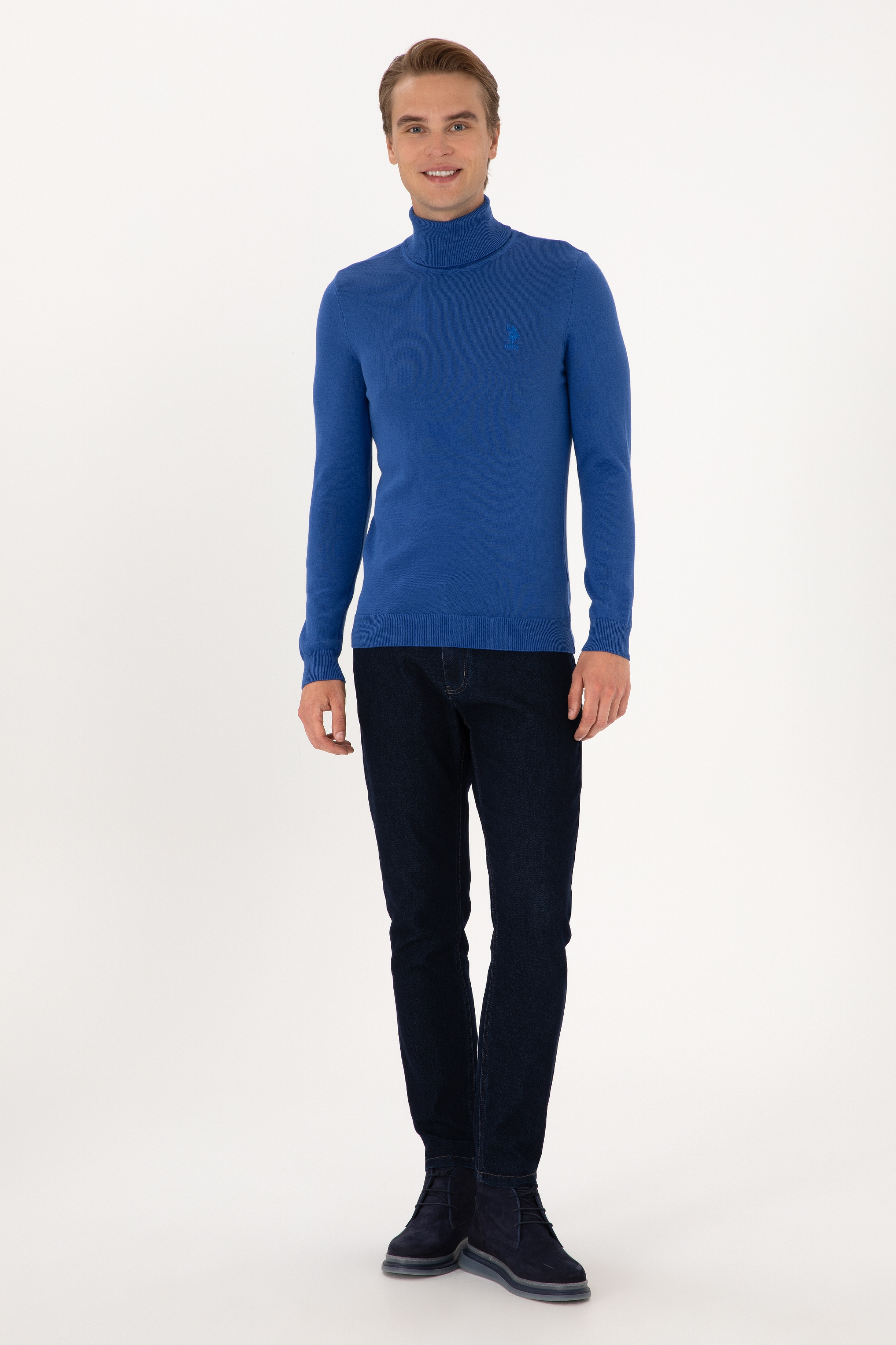 Erkek Slim Fit Boğazlı Yaka Saks Basic Kazak