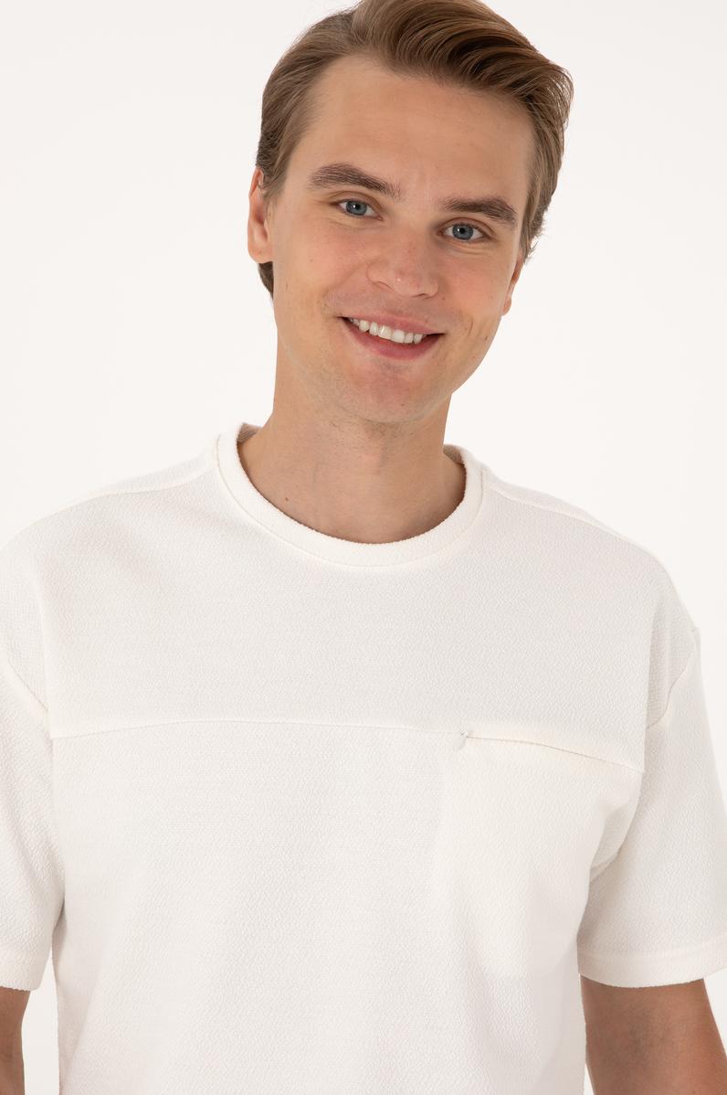 Erkek Comfort Fit Krem Bisiklet Yaka Tişört