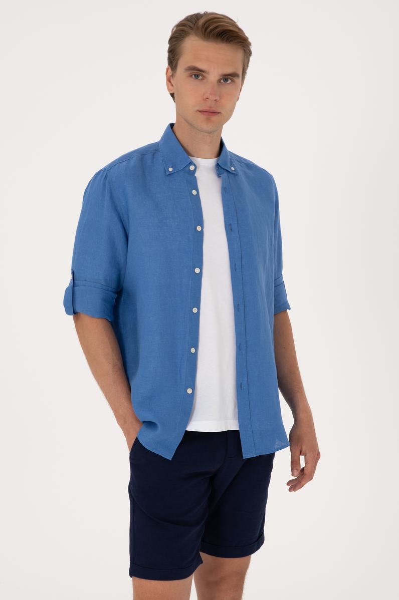 Erkek Saks Uzun Kollu Gömlek