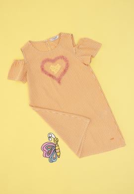 Kız Çocuk Turuncu Kalp İşlemeli Çizgili Omuz Detaylı Dokuma Elbise - 50319553003
