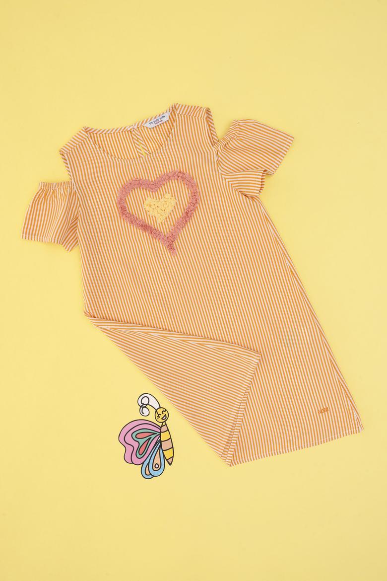 Kız Çocuk Turuncu Kalp İşlemeli Çizgili Omuz Detaylı Dokuma Elbise