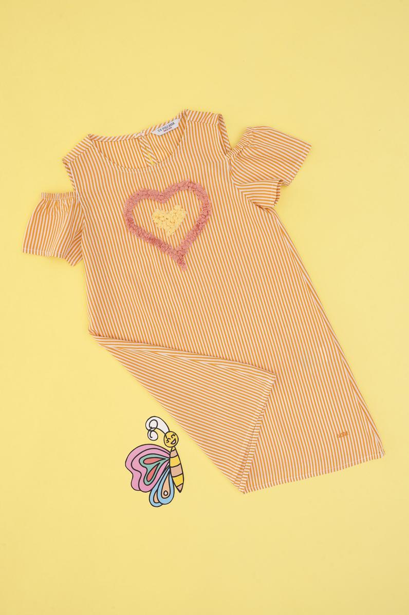 Kız Çocuk Turuncu Kalp İşlemeli Çizgili Omuz Detaylı Dokuma Elbise