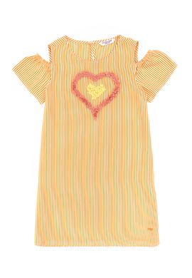 Kız Çocuk Turuncu Kalp İşlemeli Çizgili Omuz Detaylı Dokuma Elbise - 50319553003