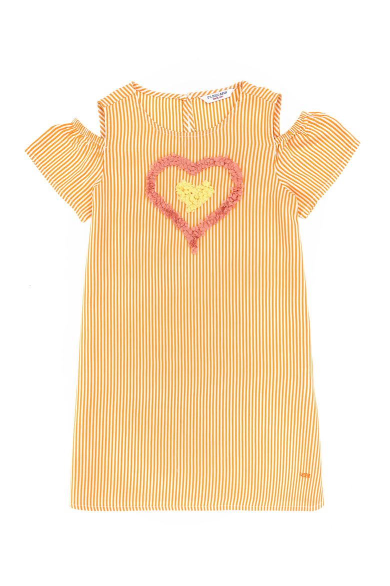 Kız Çocuk Turuncu Kalp İşlemeli Çizgili Omuz Detaylı Dokuma Elbise - 50319553003
