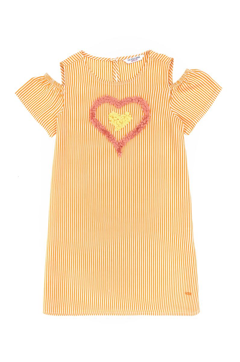 Kız Çocuk Turuncu Kalp İşlemeli Çizgili Omuz Detaylı Dokuma Elbise