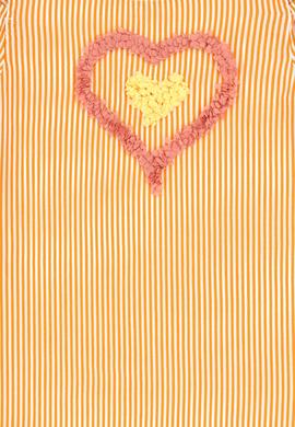 Kız Çocuk Turuncu Kalp İşlemeli Çizgili Omuz Detaylı Dokuma Elbise - 50319553003