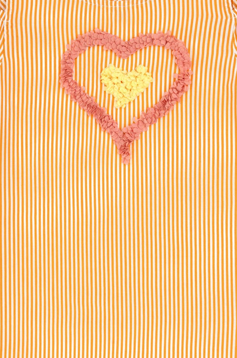 Kız Çocuk Turuncu Kalp İşlemeli Çizgili Omuz Detaylı Dokuma Elbise