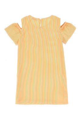 Kız Çocuk Turuncu Kalp İşlemeli Çizgili Omuz Detaylı Dokuma Elbise - 50319553003