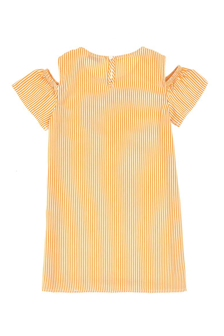 Kız Çocuk Turuncu Kalp İşlemeli Çizgili Omuz Detaylı Dokuma Elbise - 50319553003