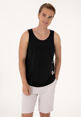 Erkek Regular Fit Siyah Bisiklet Yaka Kolsuz Tişört - 50299524021