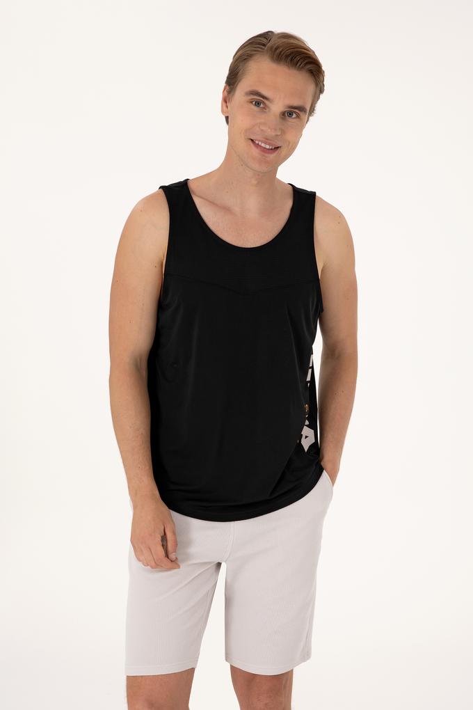 Erkek Regular Fit Siyah Bisiklet Yaka Kolsuz Tişört