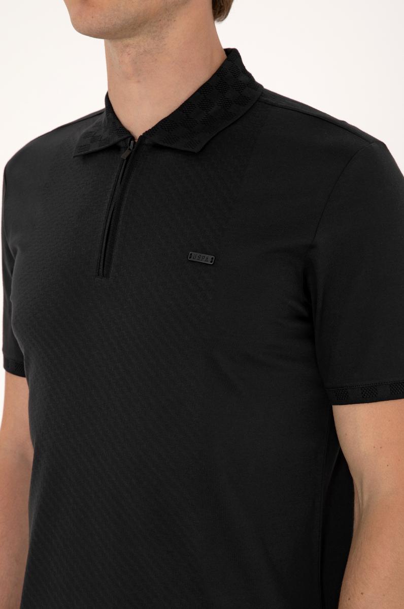 Erkek Regular Fit Siyah Polo Yaka Fermuarlı Tişört