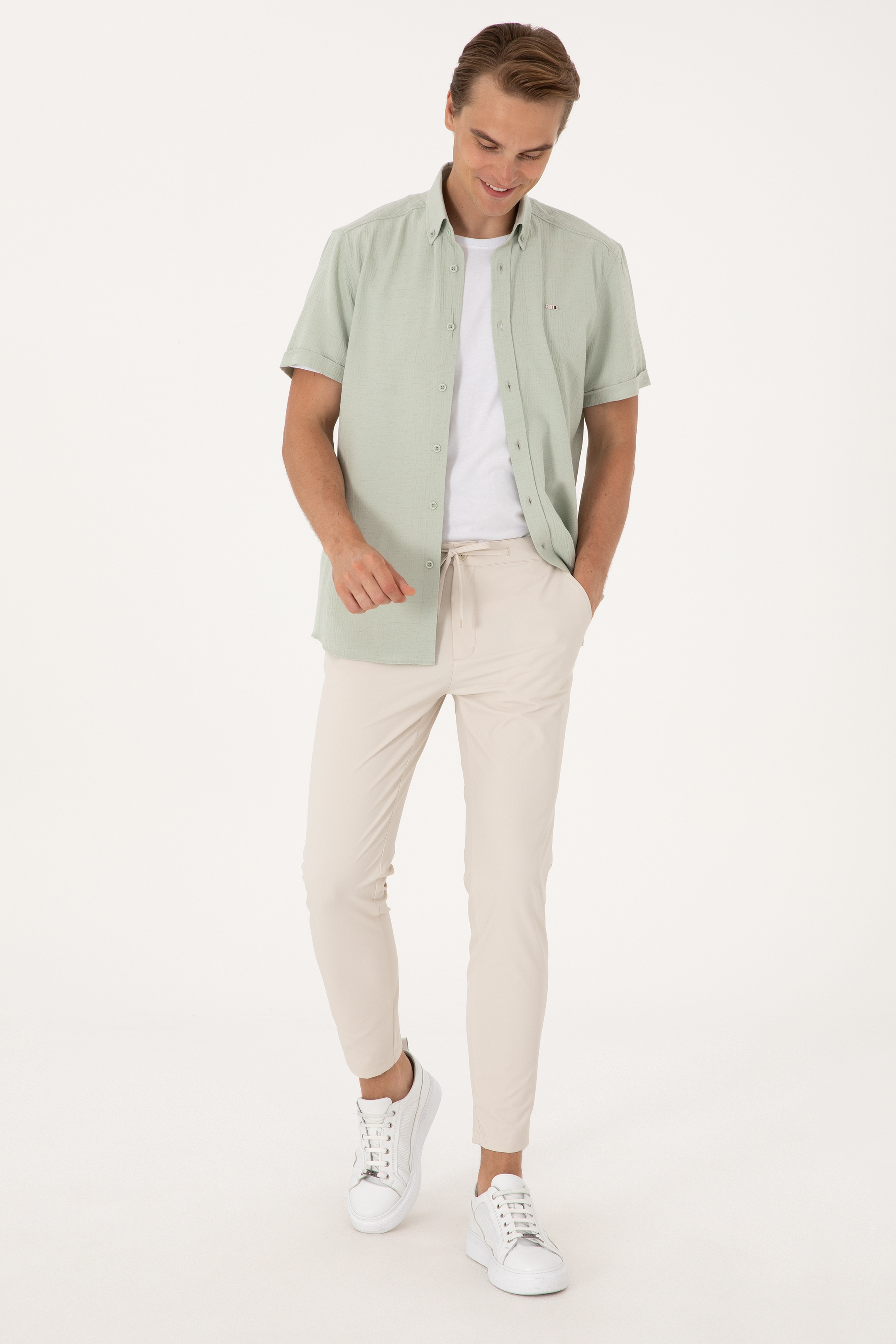 Erkek Body Fit Bej Kanvas Pantolon - Image 3