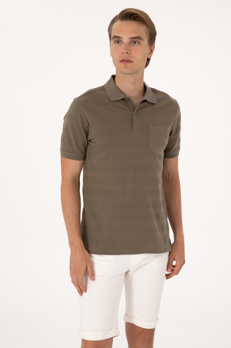 Erkek Regular Fit Vizon Polo Yaka Dokulu Tişört