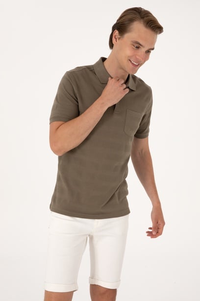 Erkek Regular Fit Vizon Polo Yaka Dokulu Tişört