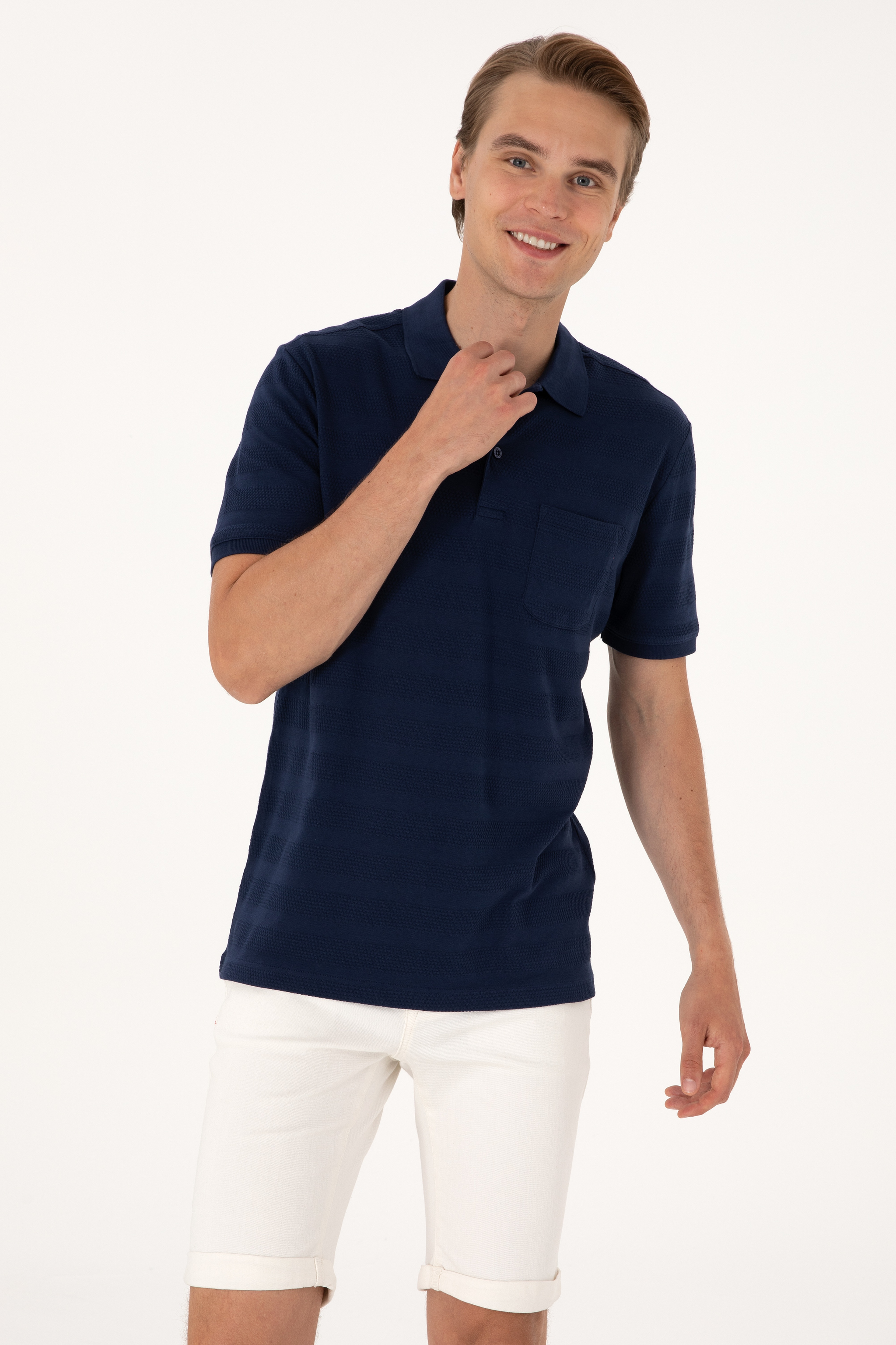 Erkek Regular Fit Lacivert Polo Yaka Dokulu Tişört - Image 1