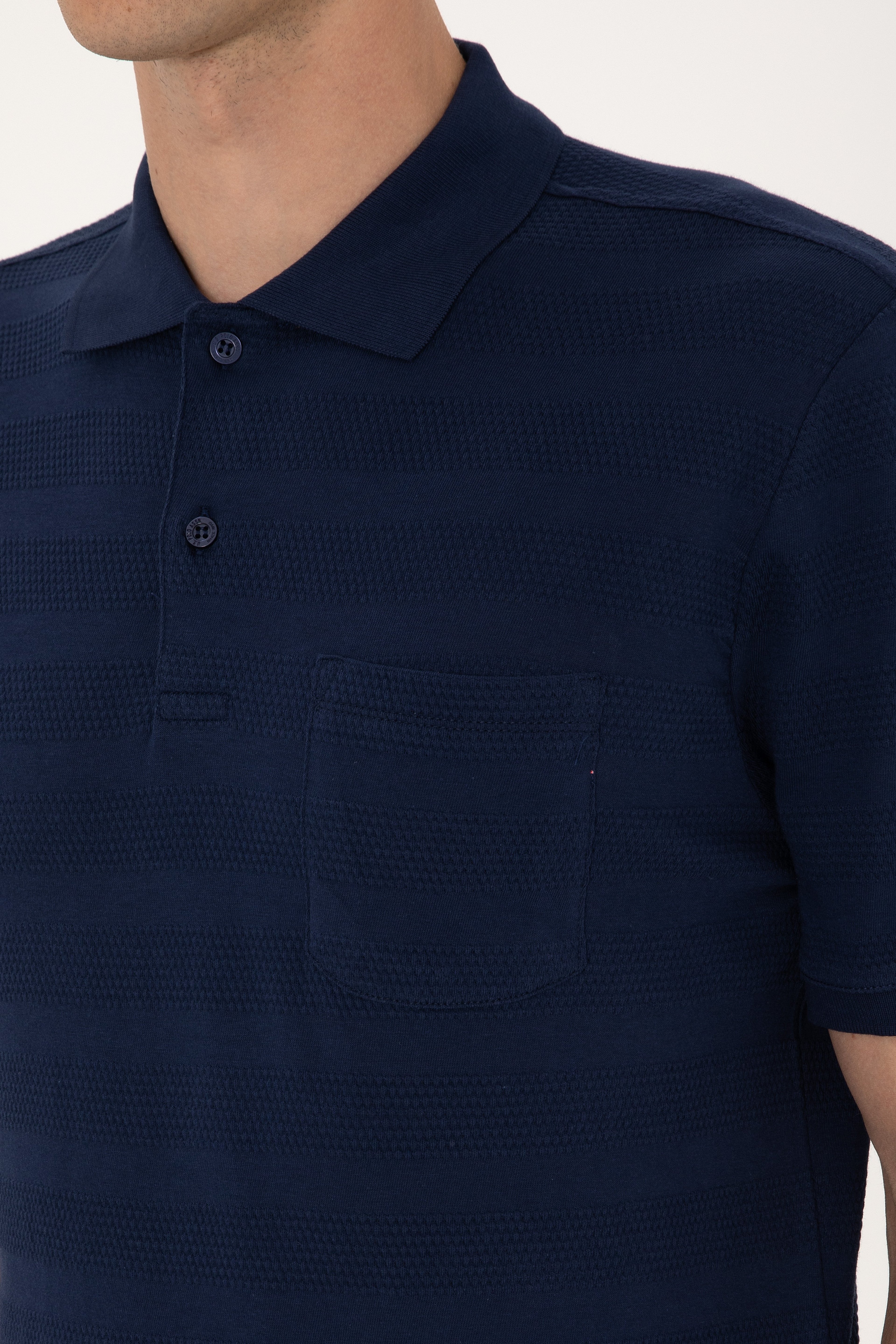 Erkek Regular Fit Lacivert Polo Yaka Dokulu Tişört