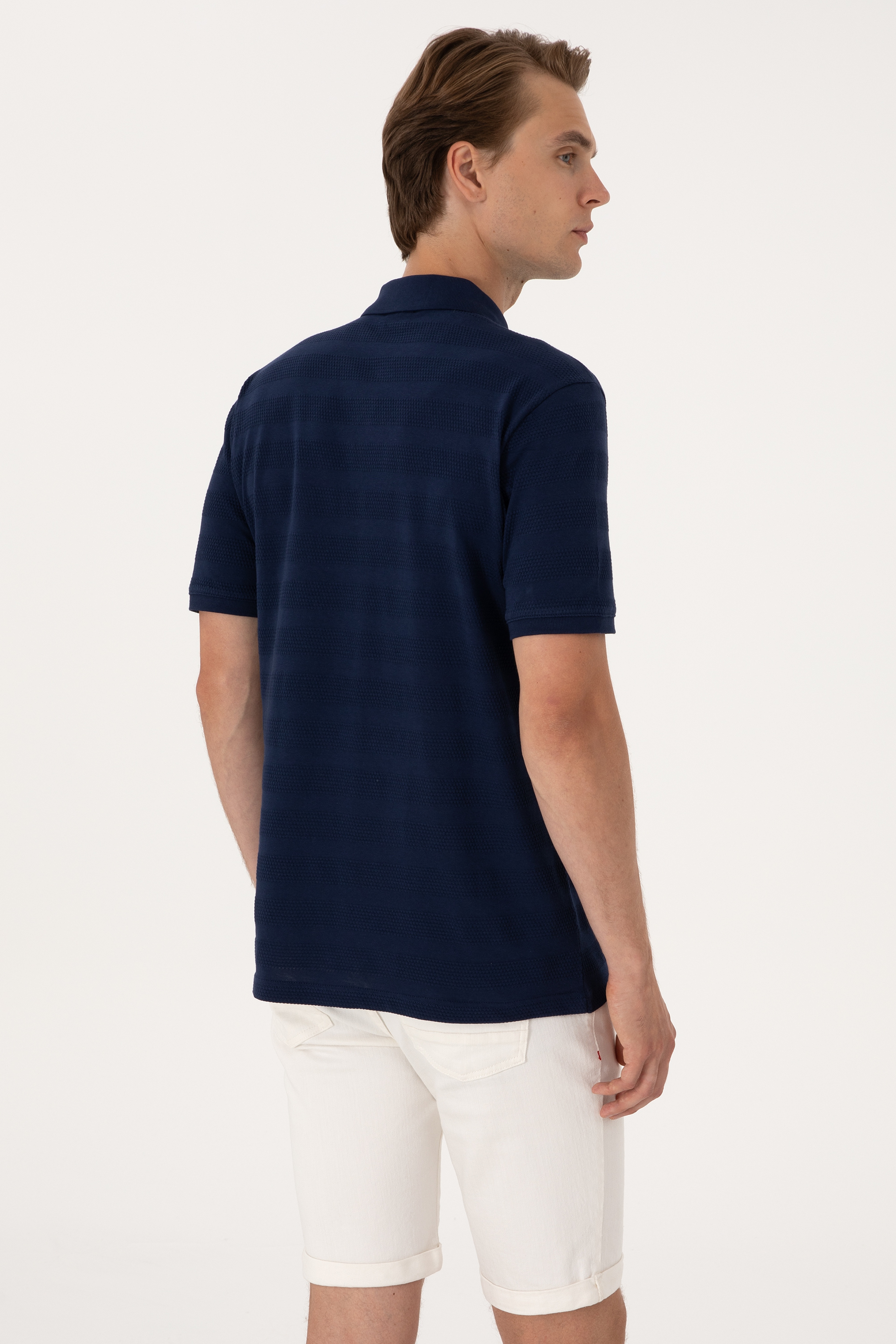 Erkek Regular Fit Lacivert Polo Yaka Dokulu Tişört - Image 5