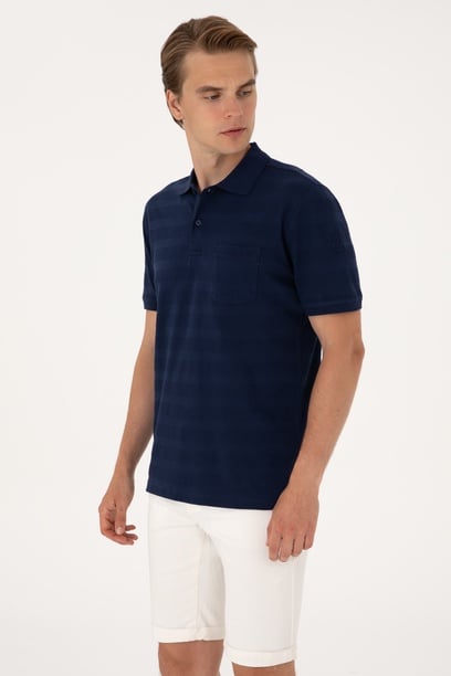 Erkek Regular Fit Lacivert Polo Yaka Dokulu Tişört