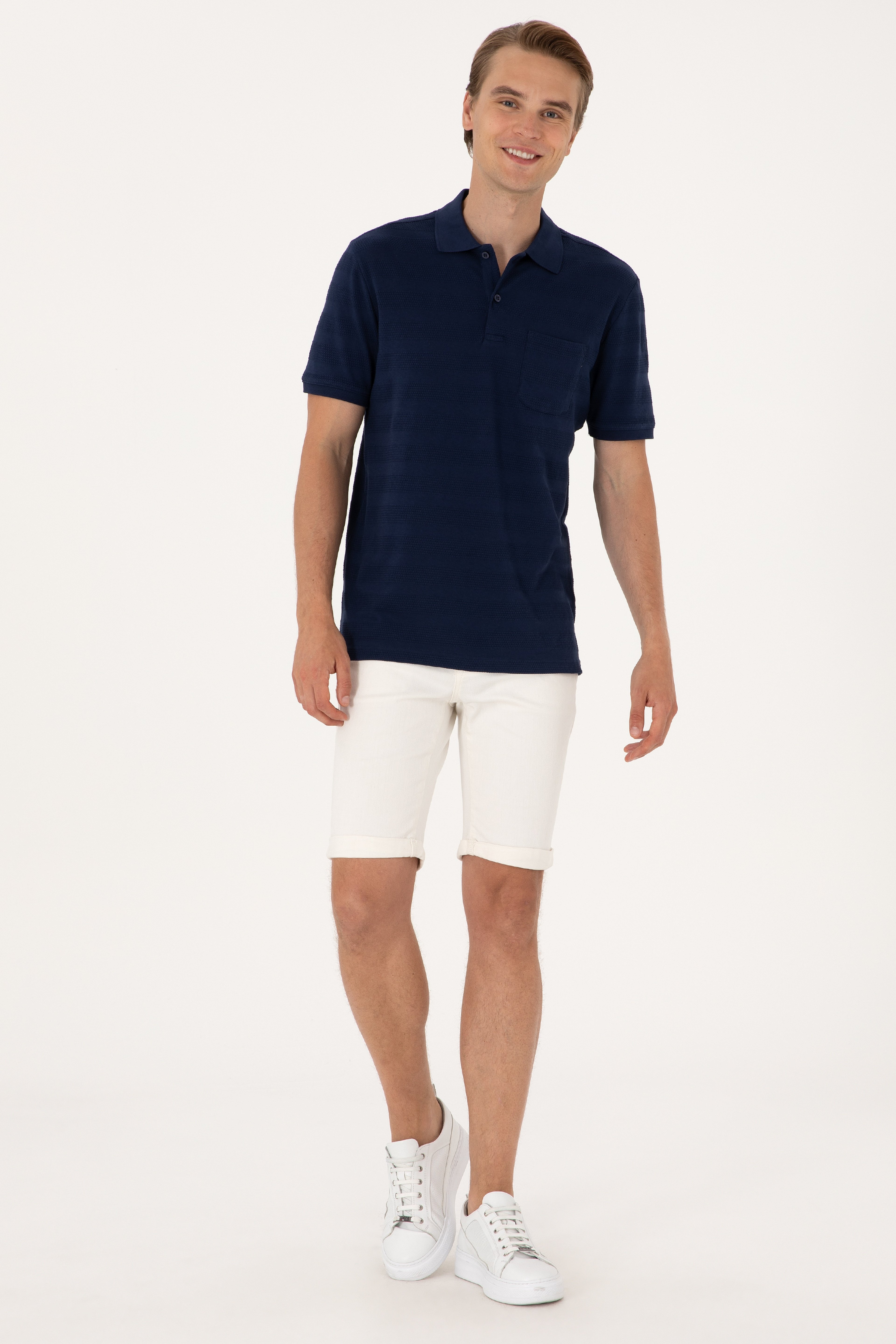 Erkek Regular Fit Lacivert Polo Yaka Dokulu Tişört
