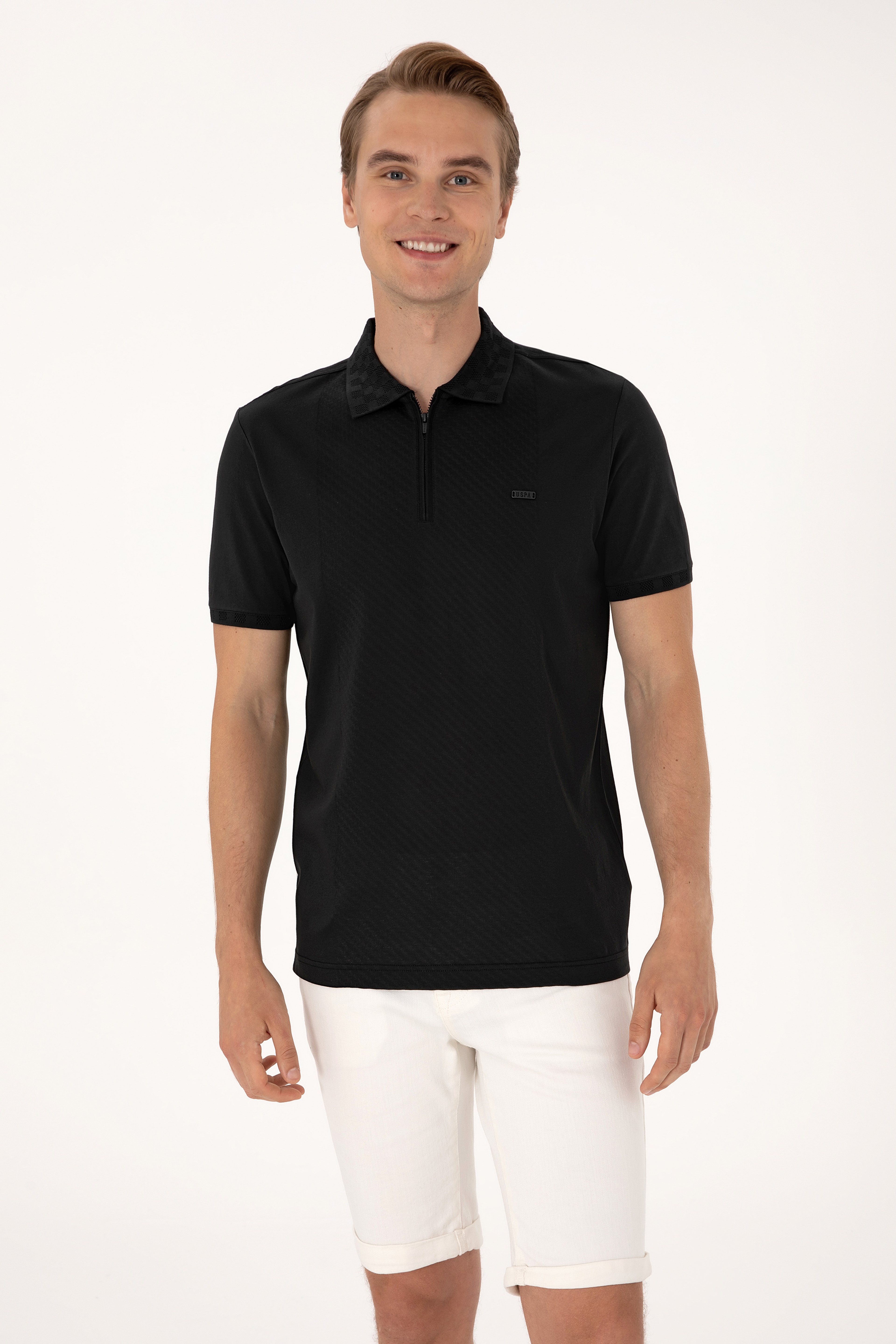 Erkek Regular Fit Siyah Polo Yaka Fermuarlı Tişört - Image 1