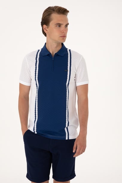 Erkek Regular Fit Beyaz Polo Yaka Fermuarlı Tişört