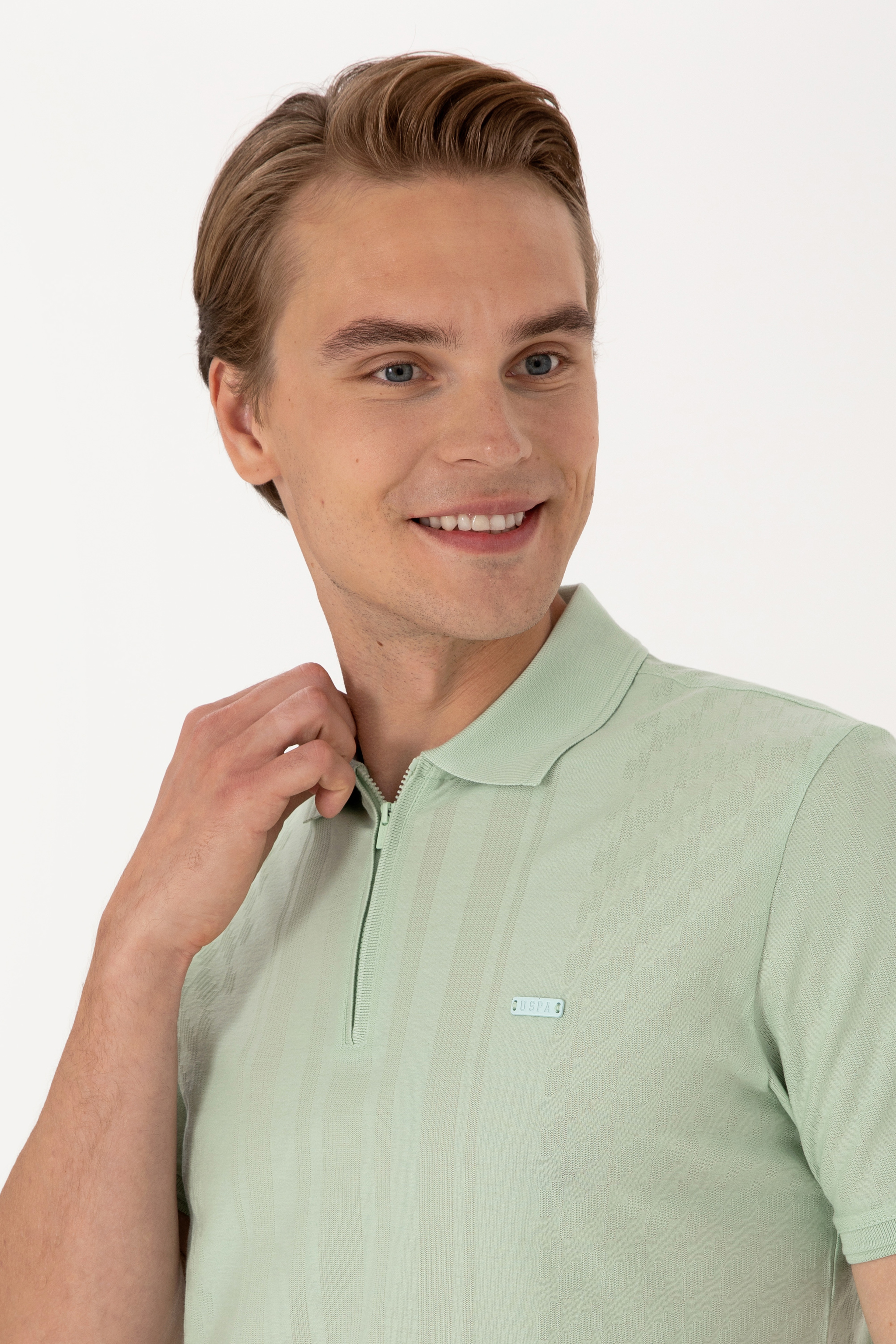 Erkek Regular Fit Su Yeşili Polo Yaka Fermuarlı Tişört - Image 2