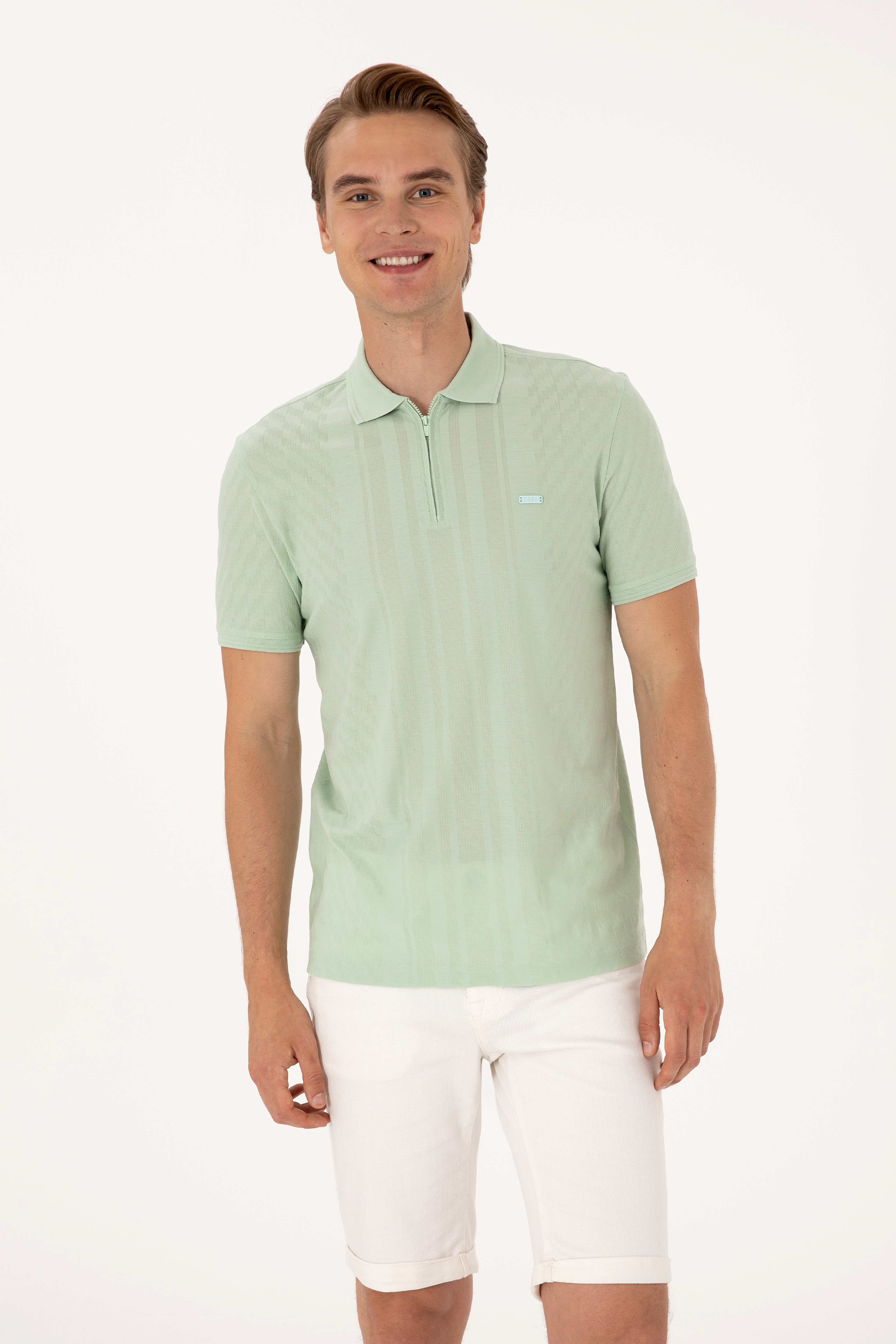 Erkek Regular Fit Su Yeşili Polo Yaka Fermuarlı Tişört - Image 1