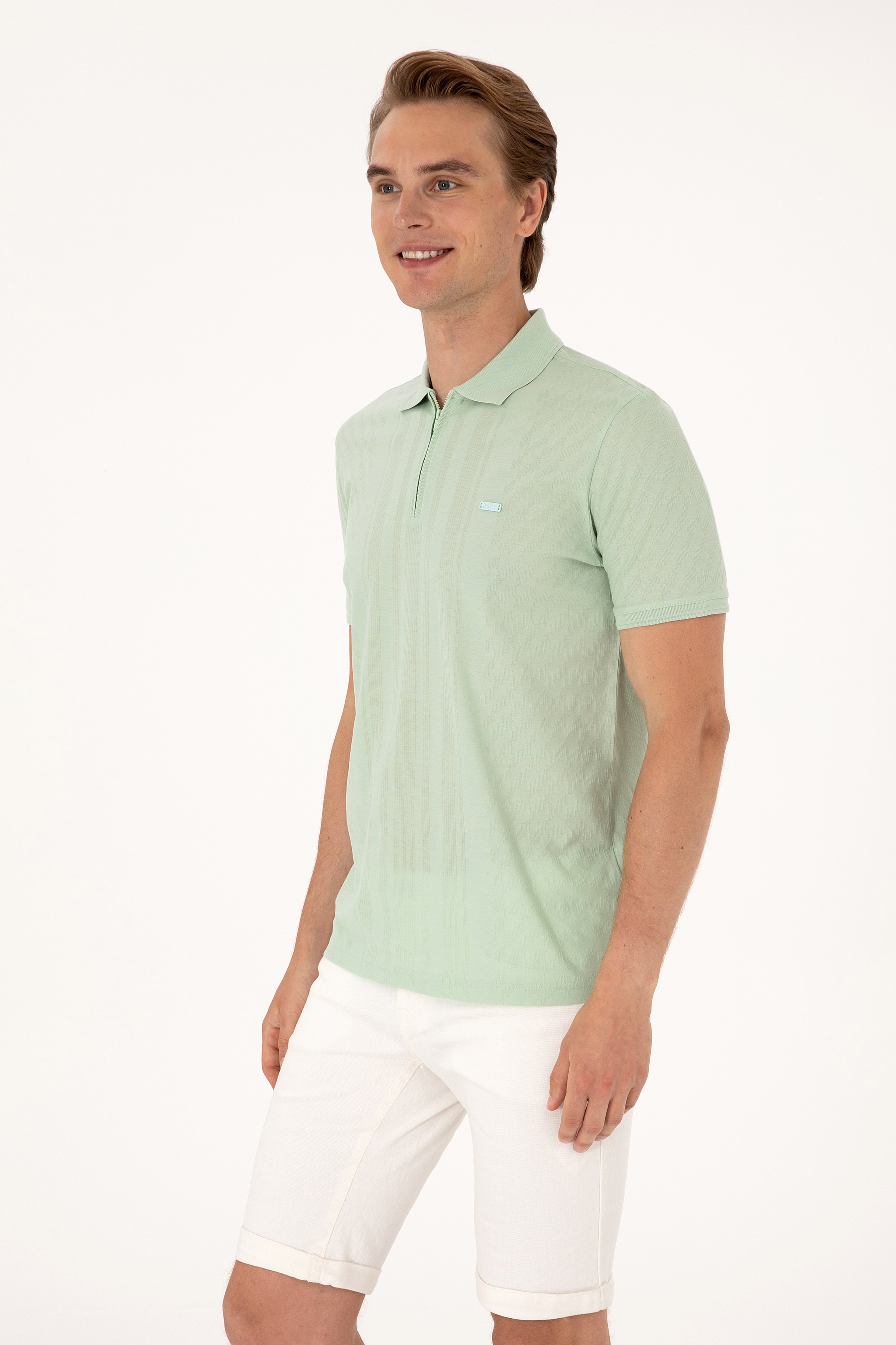 Erkek Regular Fit Su Yeşili Polo Yaka Fermuarlı Tişört - Image 3