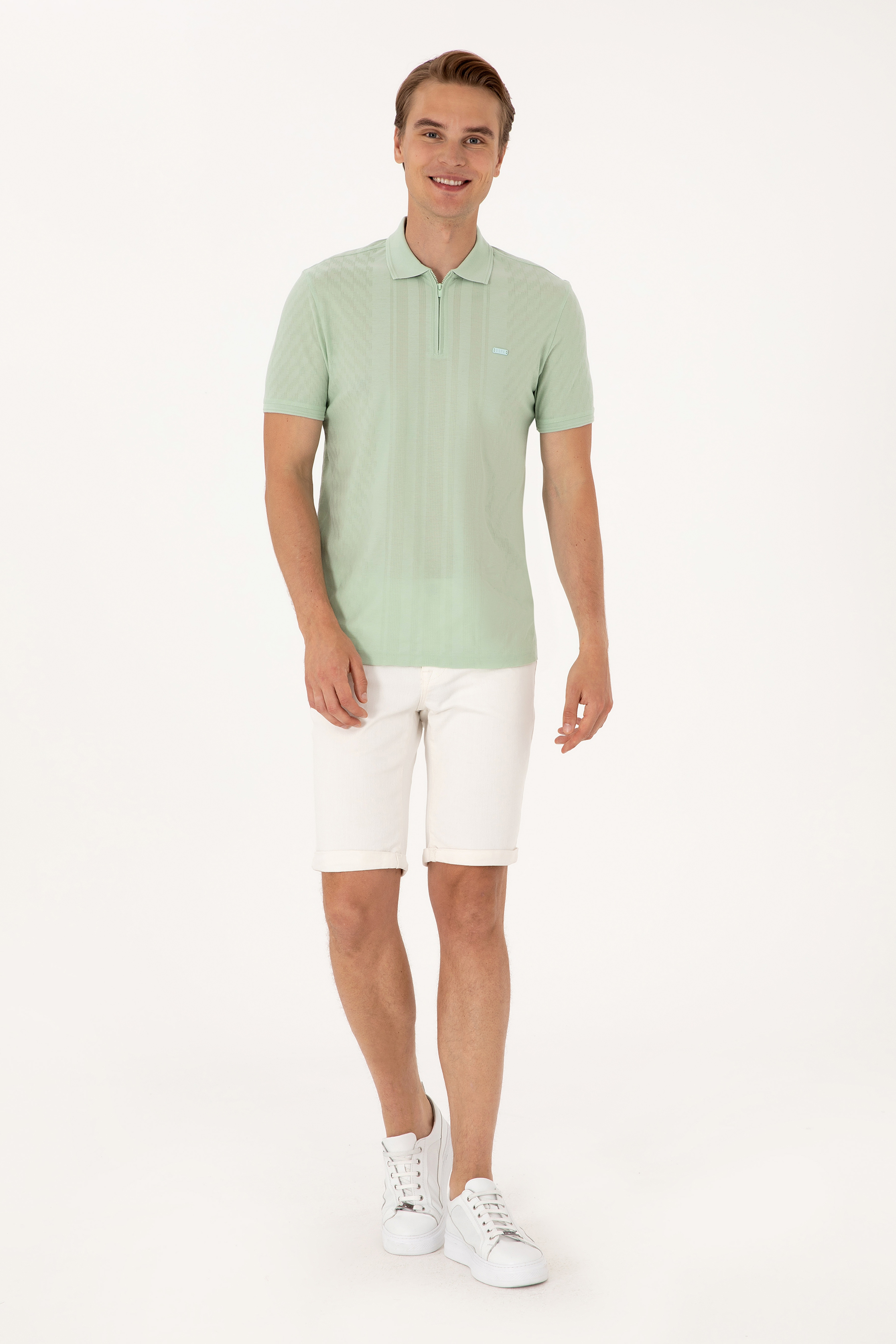 Erkek Regular Fit Su Yeşili Polo Yaka Fermuarlı Tişört
