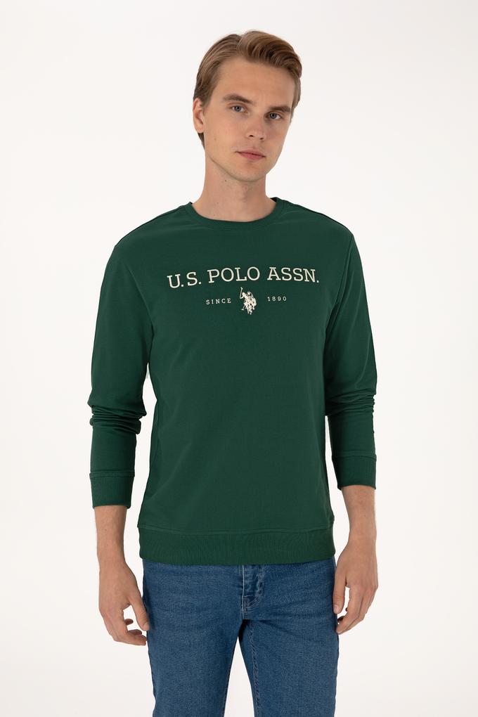 Erkek Regular Fit Bisiklet Yaka Koyu Yeşil İnce Basic Sweatshirt