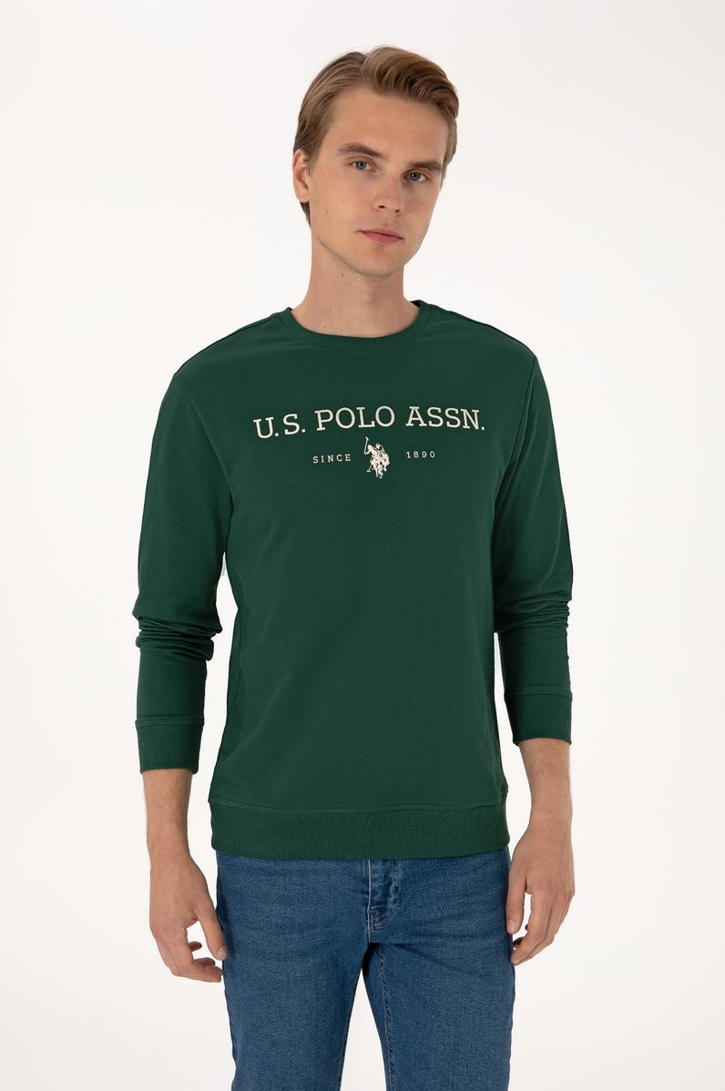 Erkek Regular Fit Bisiklet Yaka Koyu Yeşil İnce Basic Sweatshirt