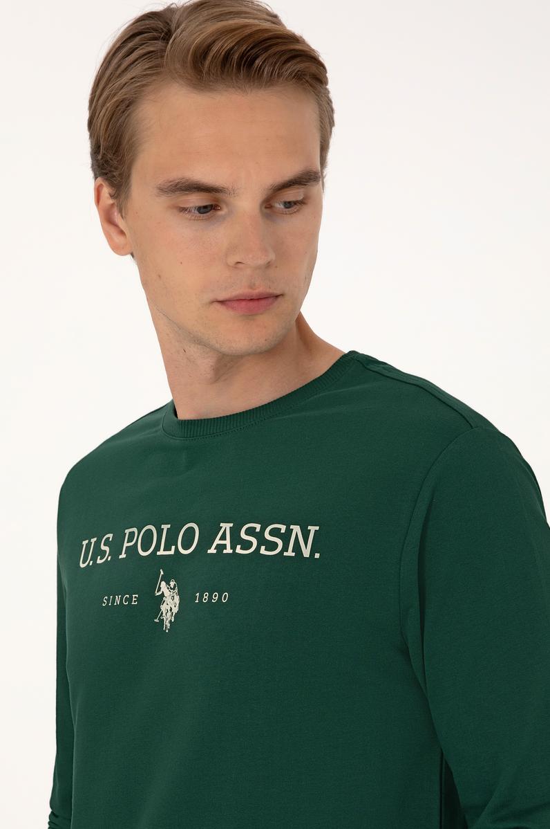 Erkek Regular Fit Bisiklet Yaka Koyu Yeşil İnce Basic Sweatshirt