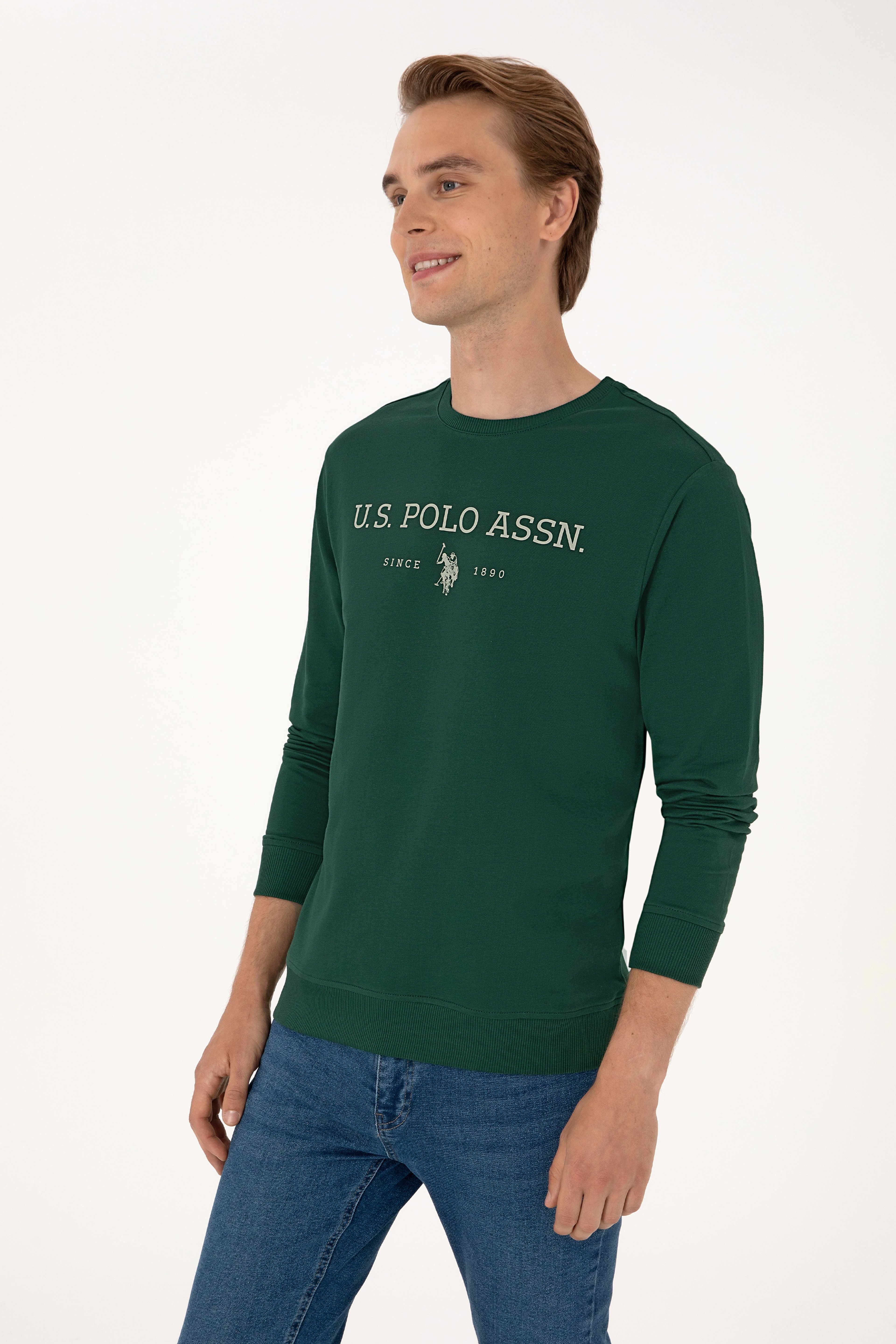 Erkek Regular Fit Bisiklet Yaka Koyu Yeşil İnce Basic Sweatshirt