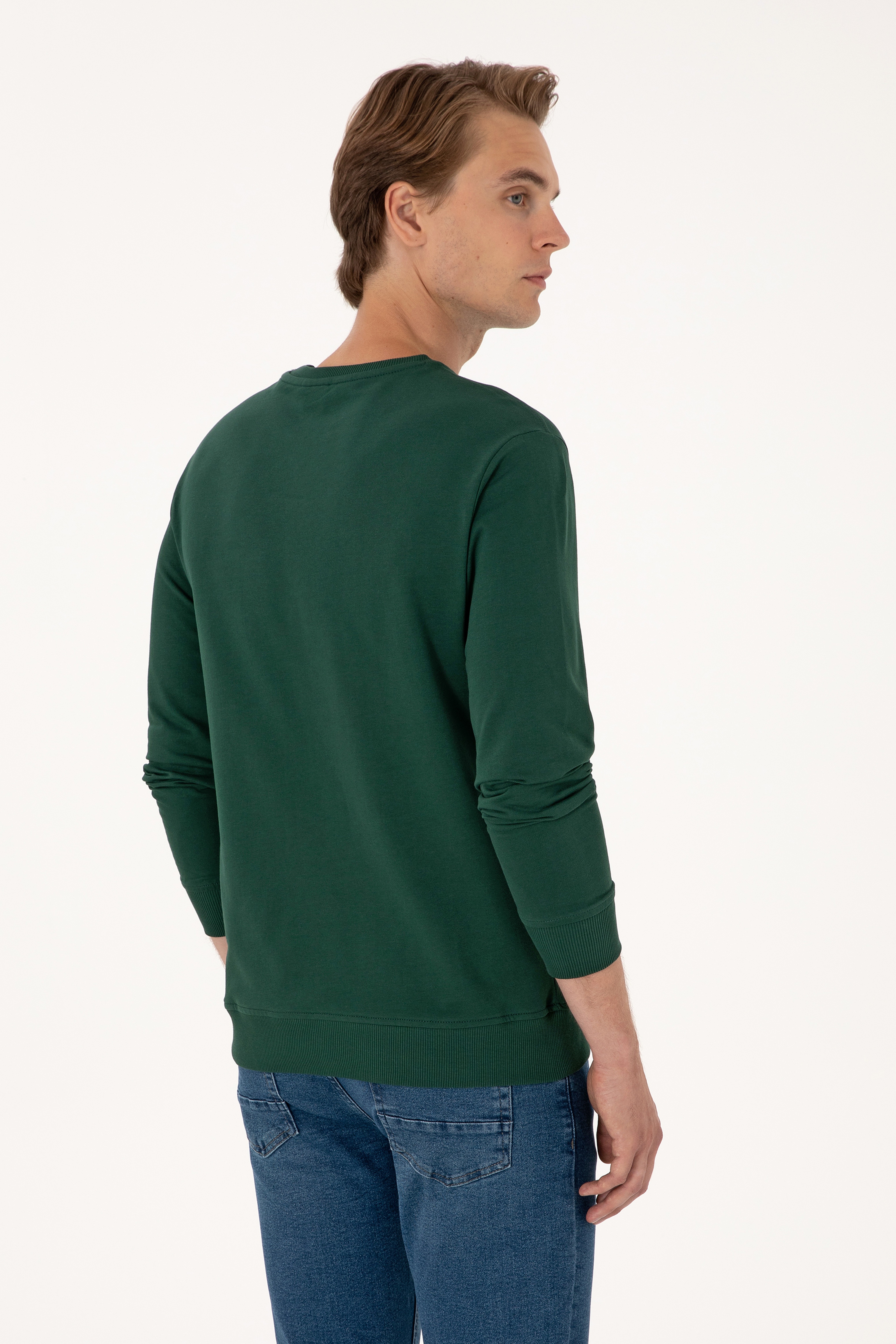 Erkek Regular Fit Bisiklet Yaka Koyu Yeşil İnce Basic Sweatshirt - Image 5