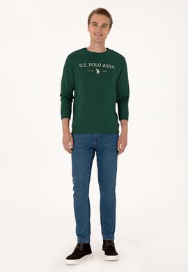 Erkek Regular Fit Bisiklet Yaka Koyu Yeşil İnce Basic Sweatshirt - 50313743058