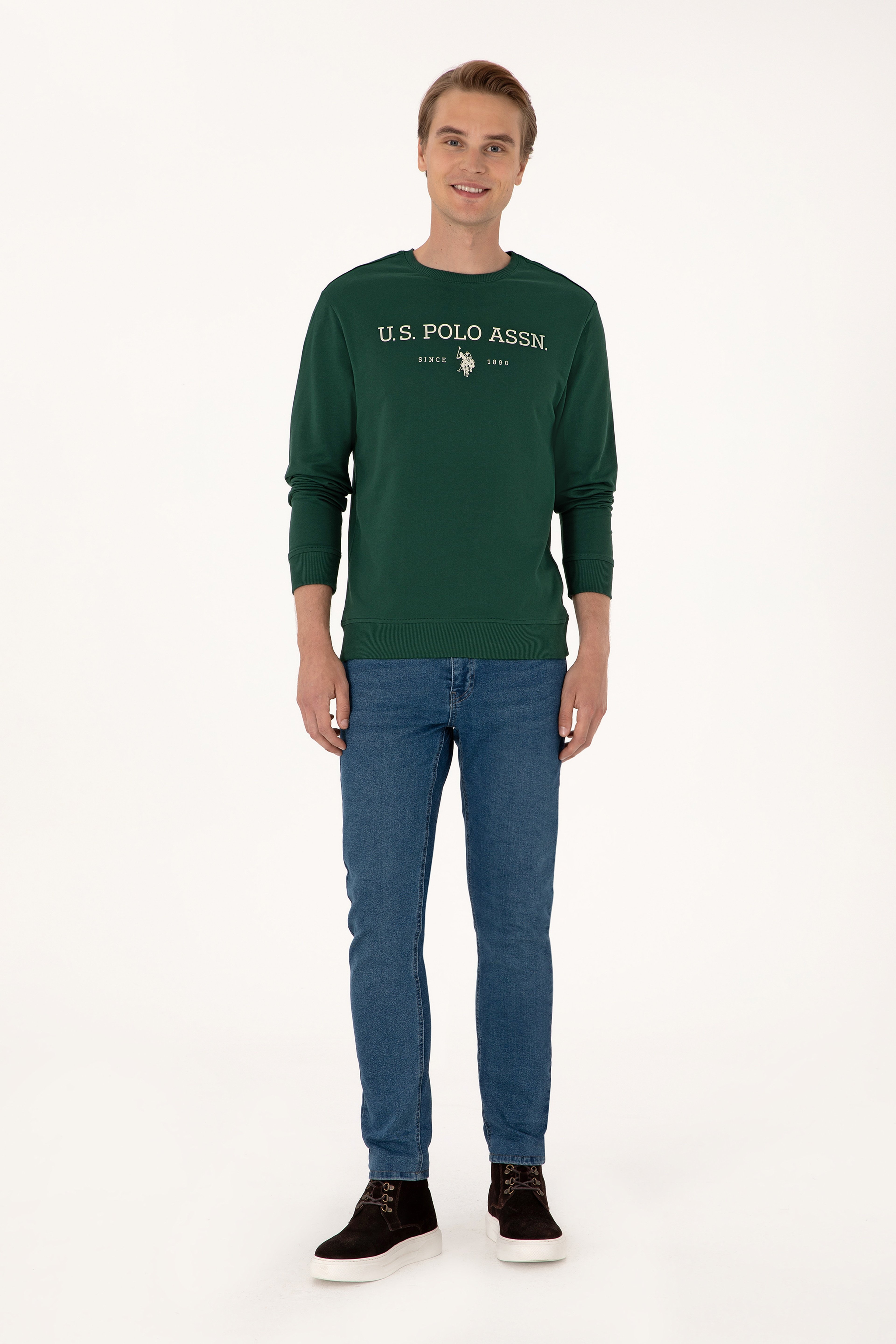 Erkek Regular Fit Bisiklet Yaka Koyu Yeşil İnce Basic Sweatshirt - Image 4