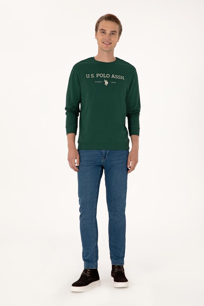 Erkek Regular Fit Bisiklet Yaka Koyu Yeşil İnce Basic Sweatshirt - 50313743058