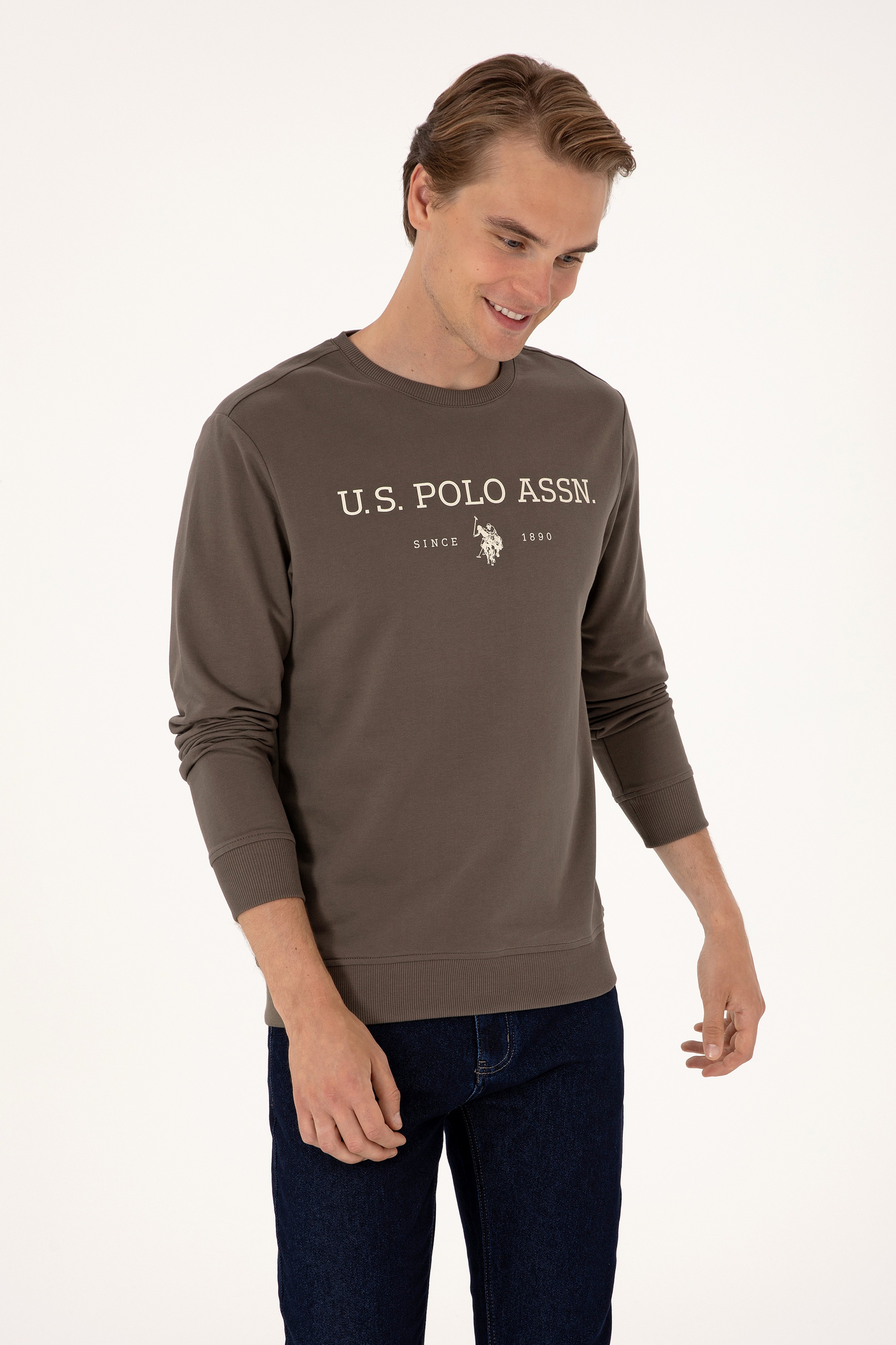Erkek Regular Fit Bisiklet Yaka Vizon İnce Basic Sweatshirt