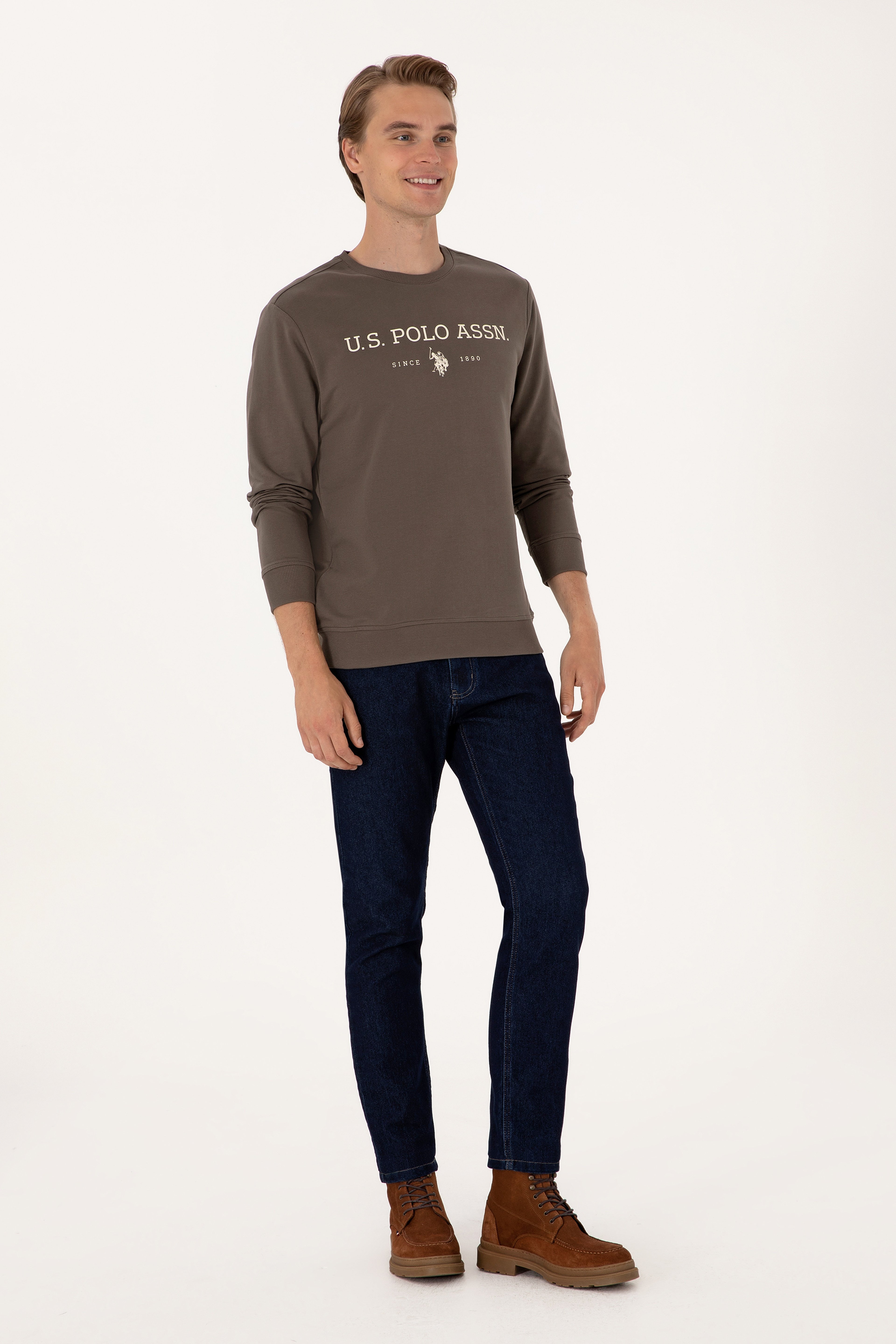 Erkek Regular Fit Bisiklet Yaka Vizon İnce Basic Sweatshirt - Image 4
