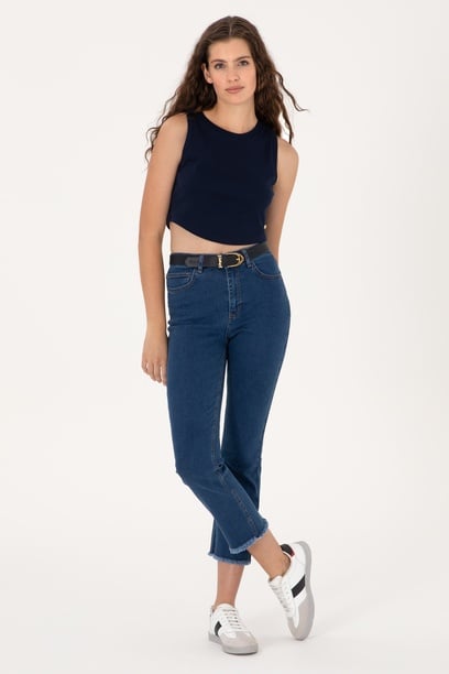 Kadın Mavi Slim Flare Cropped Fit Jean Pantolon